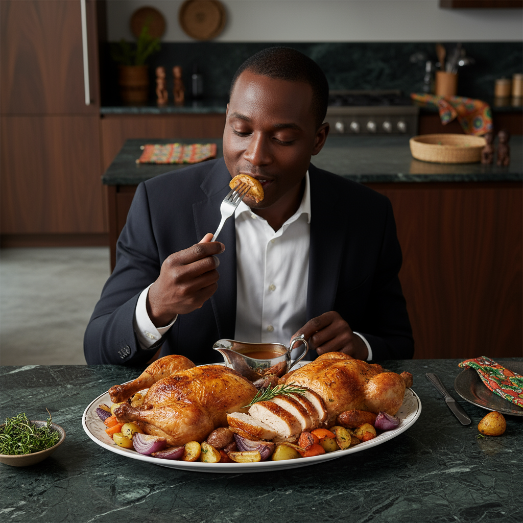Homme dégustant un plat de coq fumé découpé avec légumes rôtis. Volaille savoureuse et tendre, idéale pour un repas traditionnel et convivial.